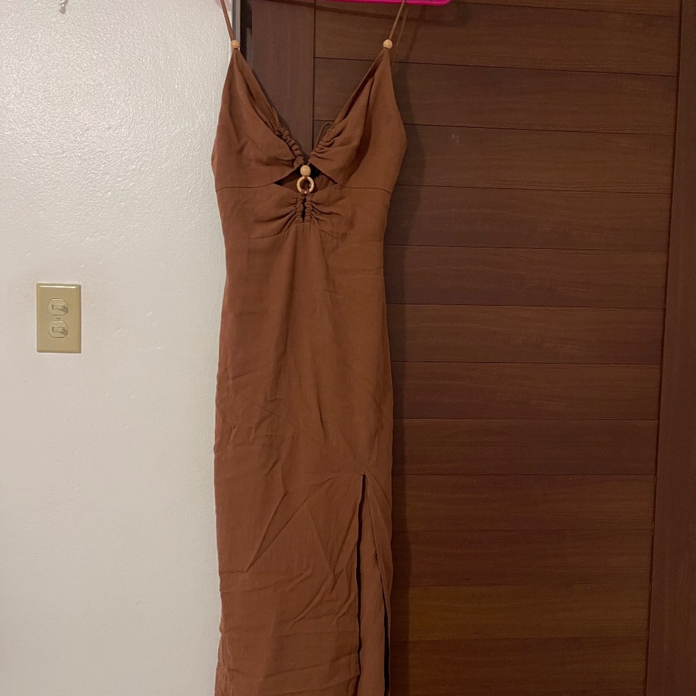Zara Brown Spaghetti-Strap Maxi Dress with Front Slit